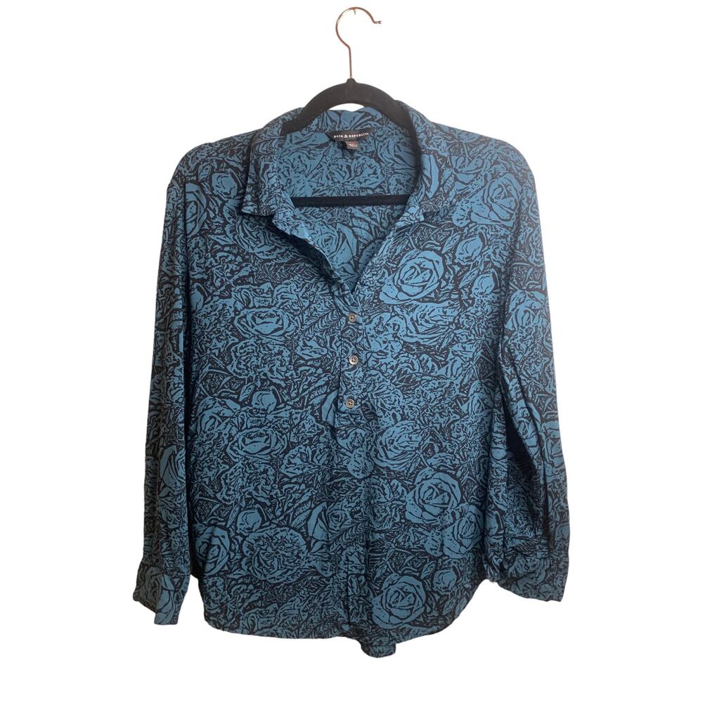 Rock & Republic - Blue Long Sleeve Top - Black Floral Roses - Size XS Shirt